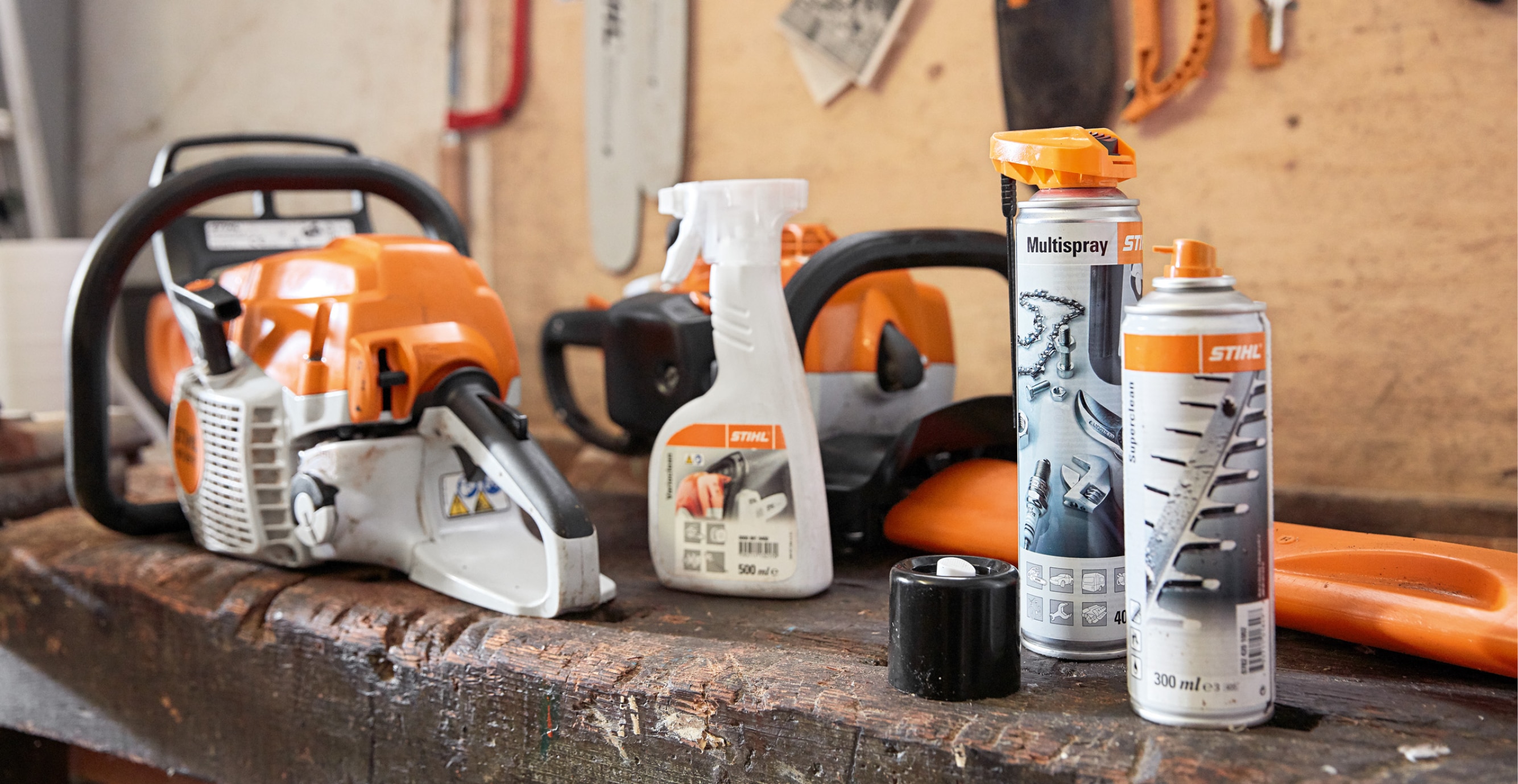 Chainsaws with an array of products for cleaning them